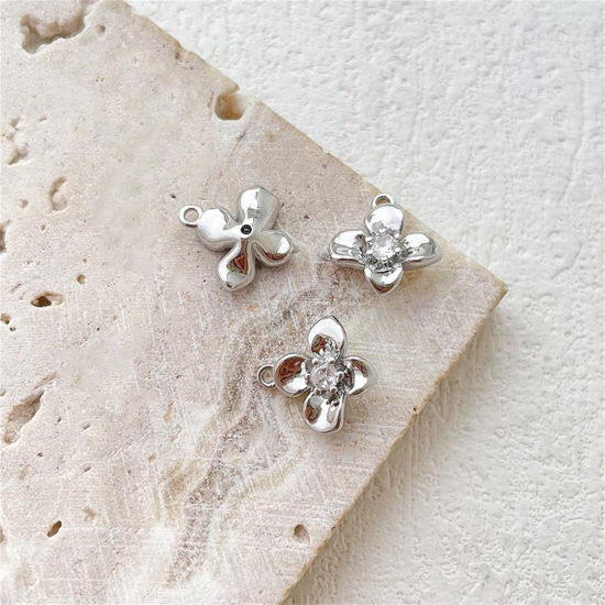 Picture of 2 PCs Brass Charms Platinum Plated Flower Clear Cubic Zirconia 12mm x 10mm