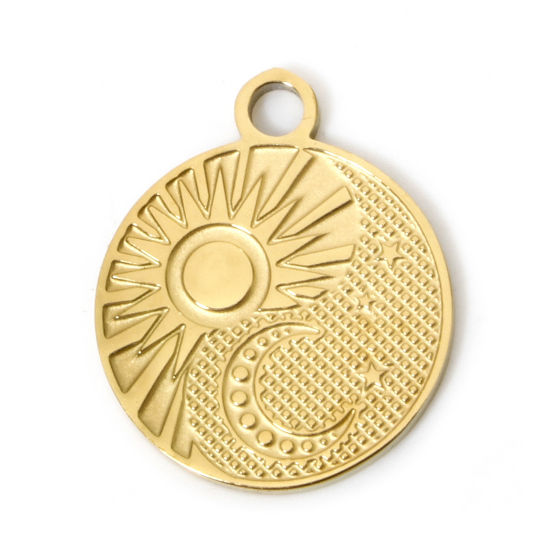 Immagine di 2 Pz Placcatura Sottovuoto PVD Ecologica 304 Acciaio Inossidabile Galassia Ciondoli Tondo 18K Vero Oro Placcato Sole 18mm x 15mm