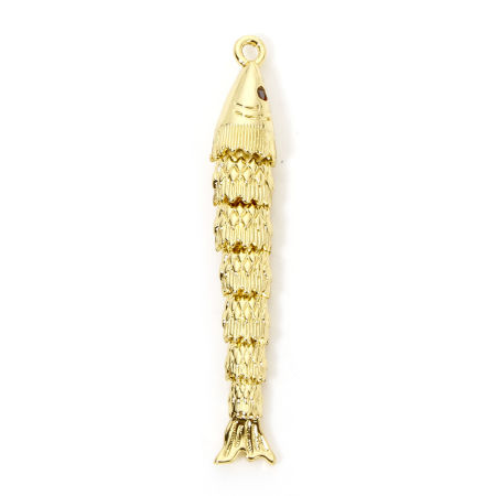 Picture of 1 Piece Eco-friendly Brass Ocean Jewelry Pendants 18K Real Gold Plated Fish Animal Movable 3D Wine Red Cubic Zirconia 4.9cm x 0.7cm
