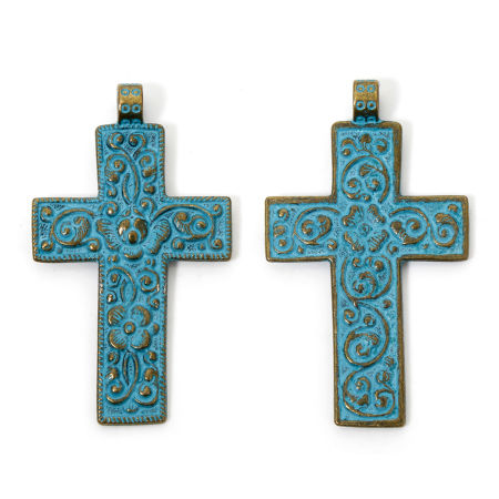 Picture of 2 PCs Zinc Based Alloy Religious Pendants Antique Bronze Blue Patina Finish Verdigris Effect Cross Carved Pattern 7.6cm x 4.4cm