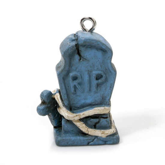 Bild von 5 Stück Harz Halloween Charms Halloween Grabstein Blau 3D 3cm x 1.9cm