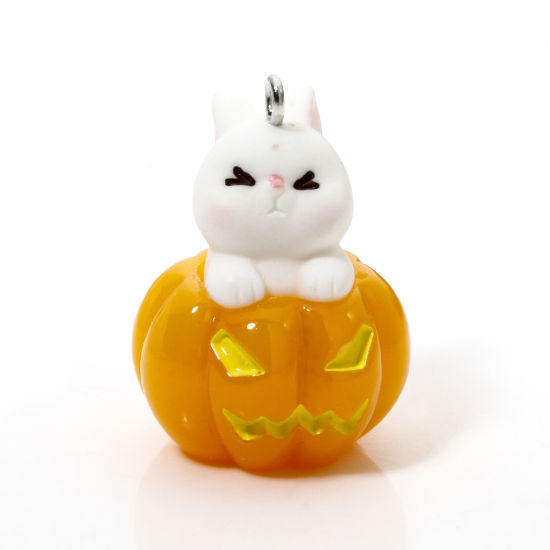 Bild von 5 Stück Harz Halloween Charms Kürbis Hase Orange 3D 3.1cm x 2.2cm