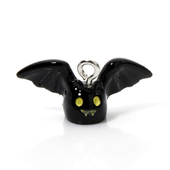 Image de 5 Pcs Breloques Halloween en Résine Chauve-souris Halloween 3D Noir 24mm x 11mm