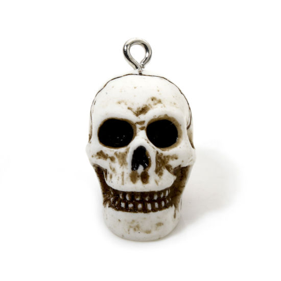 Bild von 5 Stück Harz Halloween Charms Skelett Schädel Grauweiß 3D 19mm x 14mm