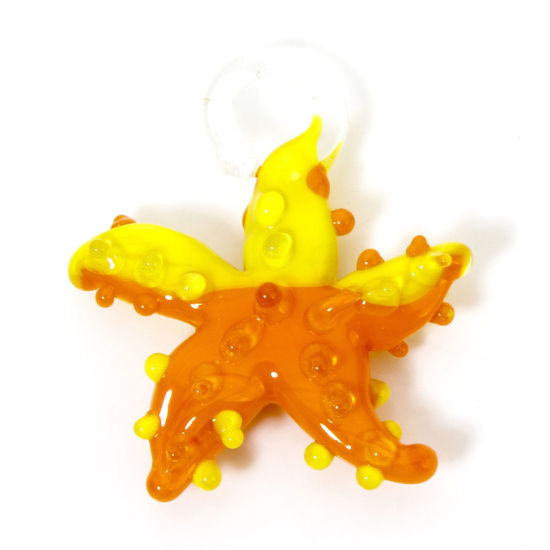 Picture of 2 PCs Lampwork Glass Ocean Jewelry Pendants Yellow & Orange Two Tone Star Fish 3D 3.5cm x 3.2cm