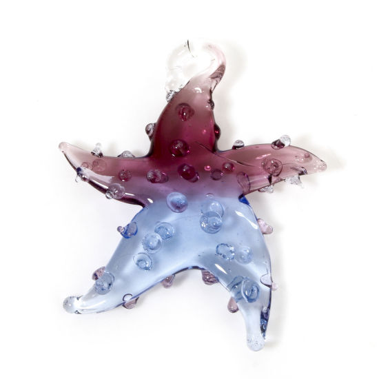 Picture of 2 PCs Lampwork Glass Ocean Jewelry Pendants Puce & Blue Two Tone Star Fish 3D 3.5cm x 3.2cm