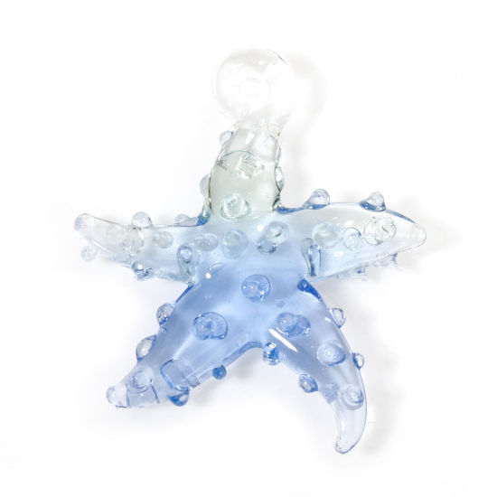 Picture of 2 PCs Lampwork Glass Ocean Jewelry Pendants Light Blue & Mint Green Two Tone Star Fish 3D 3.5cm x 3.2cm