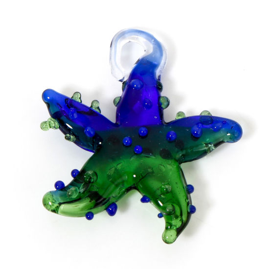 Picture of 2 PCs Lampwork Glass Ocean Jewelry Pendants Blue & Green Two Tone Star Fish 3D 3.5cm x 3.2cm