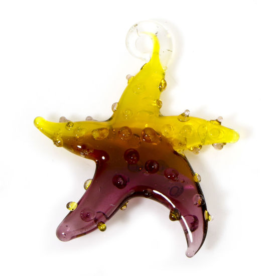 Picture of 2 PCs Lampwork Glass Ocean Jewelry Pendants Coffee & Yellow Two Tone Star Fish 3D 3.5cm x 3.2cm