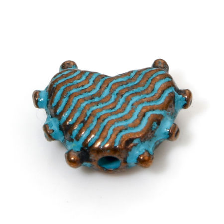 Bild von 50 Stück Zinklegierung Zwischenperlen Spacer Perlen zur DIY-Schmuckherstellung Rotkupferfarbe Blau Herz Patina-Finish mit Grünspan-Effekt ca. 10mm x 8mm, Loch:ca. 1mm