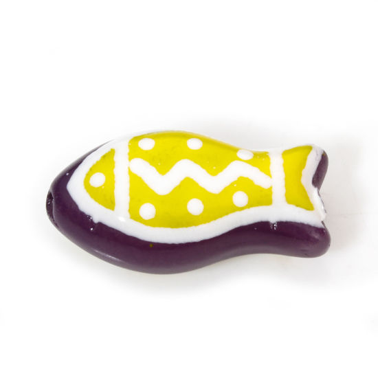 Picture of 2 PCs Lampwork Glass Ocean Jewelry Beads For DIY Jewelry Making Fish Animal Yellow Ripple Enamel About 21mm x 11mm, Hole: Approx 1.4mm