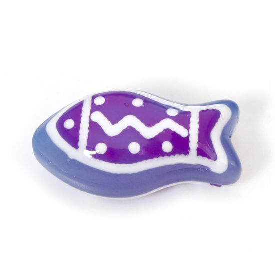 Picture of 2 PCs Lampwork Glass Ocean Jewelry Beads For DIY Jewelry Making Fish Animal Purple Ripple Enamel About 21mm x 11mm, Hole: Approx 1.4mm