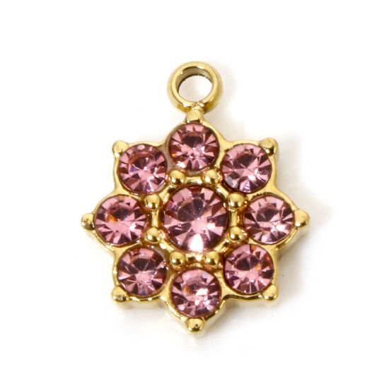 Immagine di 1 Pz Placcatura Sottovuoto Ecologica 304 Acciaio Inossidabile Ciondoli Fiore Oro Placcato Roso Strass 12.5mm x 10mm