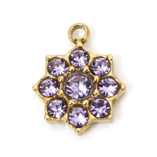 Immagine di 1 Pz Placcatura Sottovuoto Ecologica 304 Acciaio Inossidabile Ciondoli Fiore Oro Placcato Ametista Strass 12.5mm x 10mm