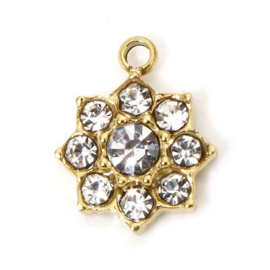 Immagine di 1 Pz Placcatura Sottovuoto Ecologica 304 Acciaio Inossidabile Ciondoli Fiore Oro Placcato Trasparente Strass 12.5mm x 10mm