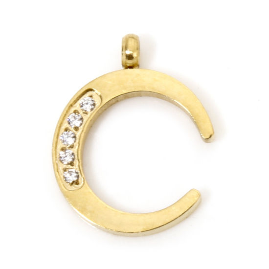 Immagine di 1 Pz Placcatura Sottovuoto Ecologica 304 Acciaio Inossidabile Ciondoli Luna Oro Placcato Trasparente Strass 13.5mm x 11mm