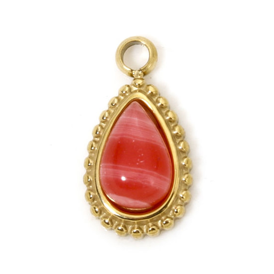 Immagine di 1 Pz Placcatura Sottovuoto Ecologica 304 Acciaio Inossidabile Ciondoli Goccia Oro Placcato Con Cabochon di Gemma Sintetica 12mm x 6.5mm