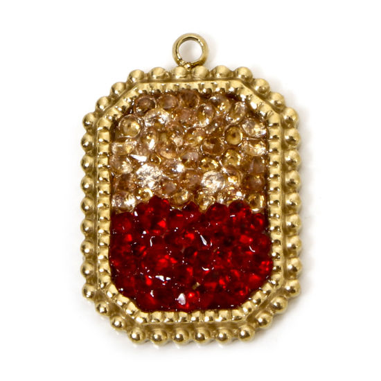 Immagine di 1 Pz Placcatura Sottovuoto Ecologica 304 Acciaio Inossidabile Ciondoli Ottagono Oro Placcato Rosso Strass 21mm x 15mm