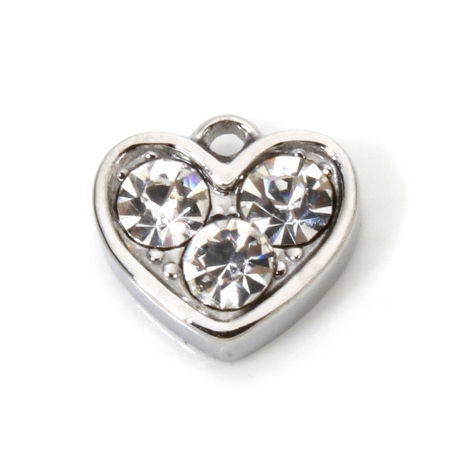 Bild von 1 Stück 304 Edelstahl Valentinstag Charms Herz Silberfarbe Transparent Strass 8mm x 7.5mm