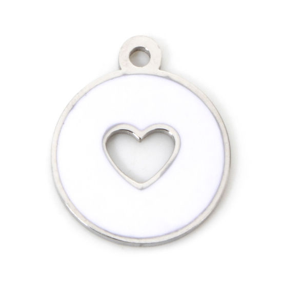 Picture of 1 Piece Eco-friendly 304 Stainless Steel Geometric Charmes Silver Tone Round Heart Enamel 12.5mm x 10.5mm