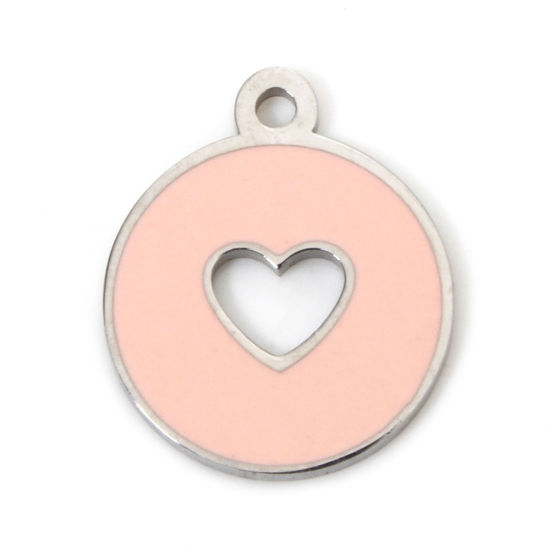 Picture of 1 Piece Eco-friendly 304 Stainless Steel Geometric Charmes Silver Tone Round Heart Enamel 12.5mm x 10.5mm