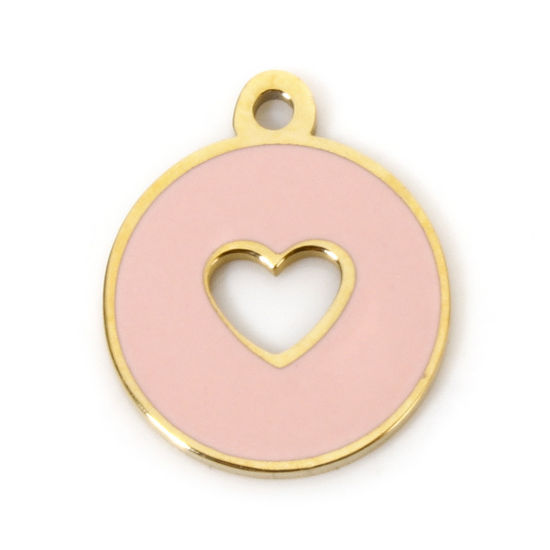 Picture of 1 Piece Eco-friendly Vacuum Plating 304 Stainless Steel Geometric Charmes Gold Plated Round Heart Enamel 12.5mm x 10.5mm