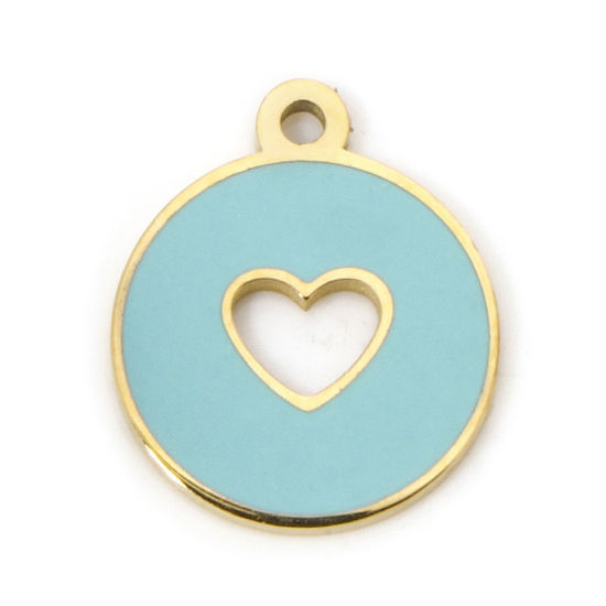 Picture of 1 Piece Eco-friendly Vacuum Plating 304 Stainless Steel Geometric Charmes Gold Plated Round Heart Enamel 12.5mm x 10.5mm