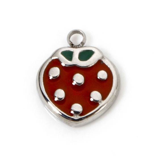 Picture of 1 Piece Eco-friendly 304 Stainless Steel Charmes Silver Tone Strawberry Fruit Enamel 10mm x 8.5mm