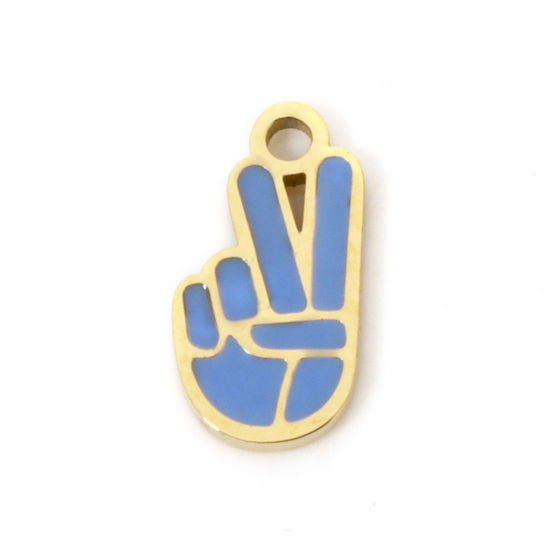 Picture of 1 Piece Eco-friendly Vacuum Plating 304 Stainless Steel Charmes Gold Plated Hand Sign Gesture Enamel 10mm x 5.5mm