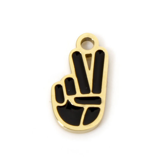 Picture of 1 Piece Eco-friendly Vacuum Plating 304 Stainless Steel Charmes Gold Plated Hand Sign Gesture Enamel 10mm x 5.5mm