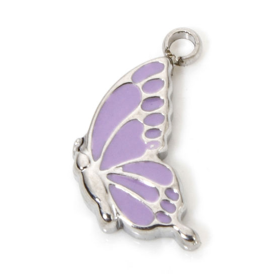 Picture of 1 Piece Eco-friendly 304 Stainless Steel Insect Charmes Silver Tone Butterfly Animal Enamel 14mm x 8mm