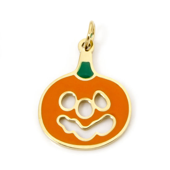 Picture of 1 Piece Eco-friendly Vacuum Plating 304 Stainless Steel Charmes Gold Plated Orange Halloween Pumpkin Enamel 15mm x 12mm