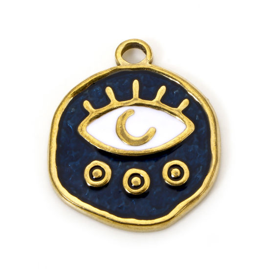 Picture of 2 PCs Eco-friendly Vacuum Plating 304 Stainless Steel Religious Disc Charms Gold Plated Dark Blue Round Evil Eye Enamel 20.5mm x 18mm
