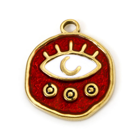 Picture of 2 PCs Eco-friendly Vacuum Plating 304 Stainless Steel Religious Disc Charms Gold Plated Red Round Evil Eye Enamel 20.5mm x 18mm