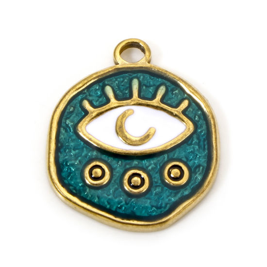 Picture of 2 PCs Eco-friendly Vacuum Plating 304 Stainless Steel Religious Disc Charms Gold Plated Green Round Evil Eye Enamel 20.5mm x 18mm