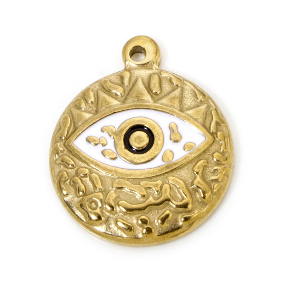 Picture of 2 PCs Eco-friendly Vacuum Plating 304 Stainless Steel Religious Disc Charms Gold Plated White Round Evil Eye Enamel 23mm x 19.5mm