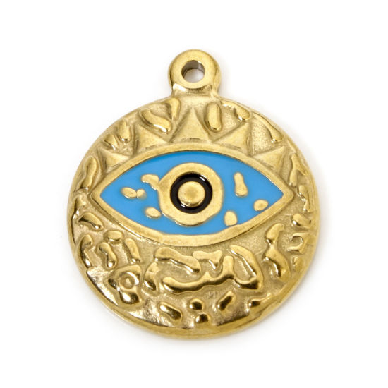 Picture of 2 PCs Eco-friendly Vacuum Plating 304 Stainless Steel Religious Disc Charms Gold Plated Blue Round Evil Eye Enamel 23mm x 19.5mm