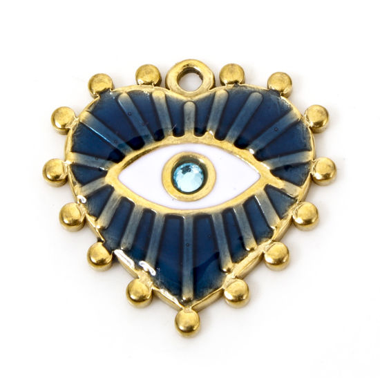 Picture of 1 Piece Eco-friendly Vacuum Plating 304 Stainless Steel Religious Charmes Gold Plated Blue Heart Evil Eye Rhinestone 20mm x 19.5mm