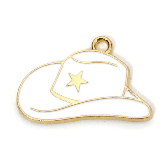 Picture of 20 PCs Zinc Based Alloy West Cowboy Charms Gold Plated White Hat Pentagram Star Enamel 24mm x 16mm