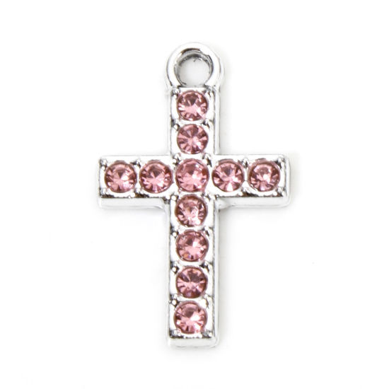 Picture of 10 PCs Zinc Based Alloy Religious Charms Silver Tone Cross Micro Pave Pink Rhinestone 19mm x 12mm