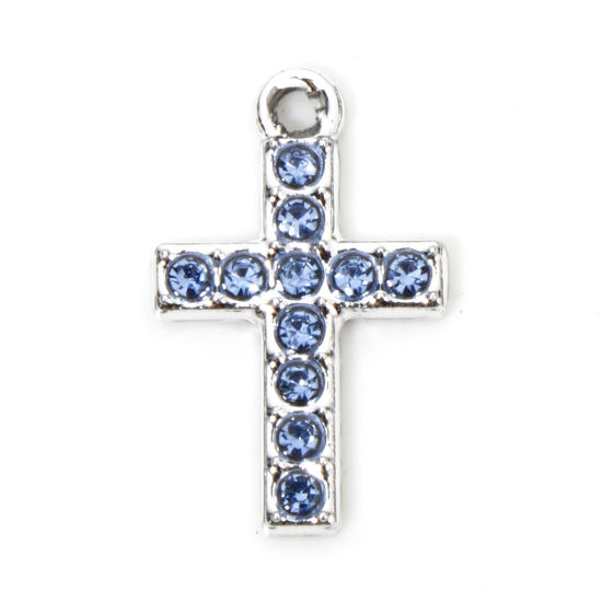 Picture of 10 PCs Zinc Based Alloy Religious Charms Silver Tone Cross Micro Pave Blue Rhinestone 19mm x 12mm