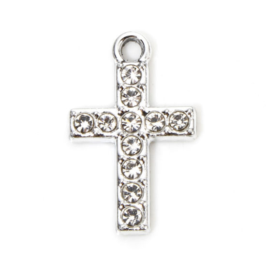 Picture of 10 PCs Zinc Based Alloy Religious Charms Silver Tone Cross Micro Pave Clear Rhinestone 19mm x 12mm