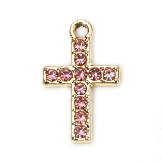 Picture of 10 PCs Zinc Based Alloy Religious Charms Gold Plated Cross Micro Pave Pink Rhinestone 19mm x 12mm