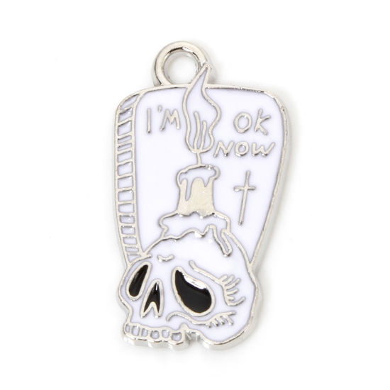 Picture of 10 PCs Zinc Based Alloy Halloween Charms Silver Tone Black & White Skull Halloween Tombstone Enamel 21mm x 12mm