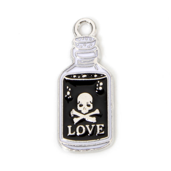 Picture of 10 PCs Zinc Based Alloy Halloween Charms Silver Tone Black & White Potion Skull Enamel 23mm x 9.5mm