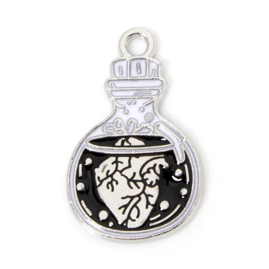 Picture of 10 PCs Zinc Based Alloy Halloween Charms Silver Tone Black & White Anatomical Human Heart Enamel 23mm x 14.5mm