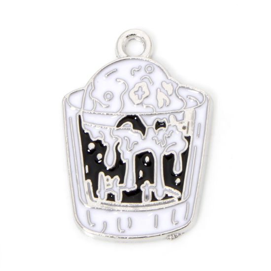 Picture of 10 PCs Zinc Based Alloy Halloween Charms Silver Tone Black & White Cup Skull Enamel 23mm x 16mm