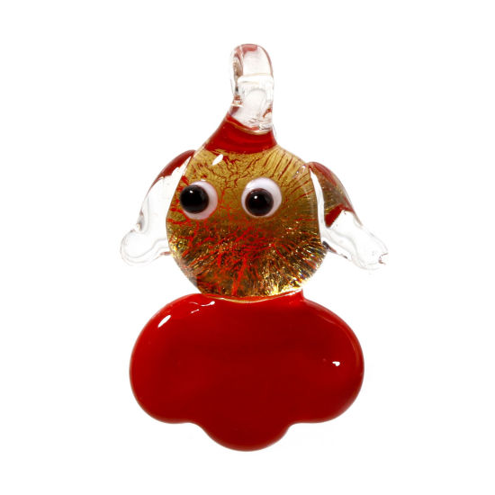 Picture of 2 PCs Lampwork Glass Ocean Jewelry Pendants Goldfish Red 3D About 3cm x 1.8cm, Hole: Approx 2mm