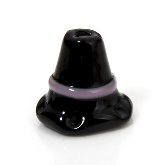 Picture of 2 PCs Lampwork Glass Halloween Beads For DIY Jewelry Making Hat Black 3D About 18mm x 16mm, Hole: Approx 2.5mm-1.5mm