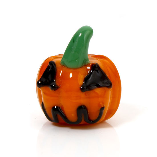 Picture of 2 PCs Lampwork Glass Halloween Beads For DIY Jewelry Making Pumpkin Orange 3D About 21mm x 18mm, Hole: Approx 2mm